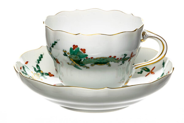 coffee cup & saucer green red dragon pattern Meissen New Cutout 1st Choice after 1970 (14cm)