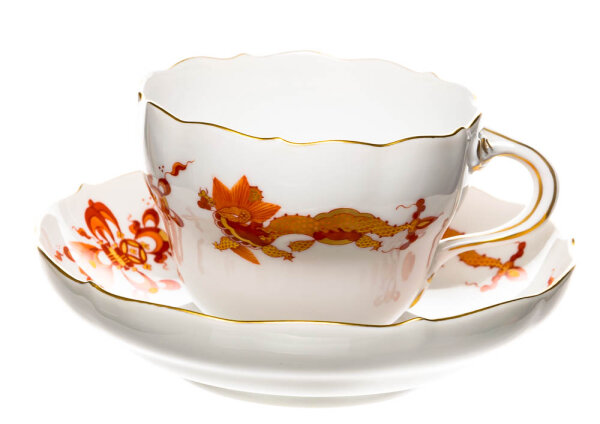 coffee cup & saucer red dragon pattern Meissen New Cutout form 00584 1st Choice after 1970 (14cm)