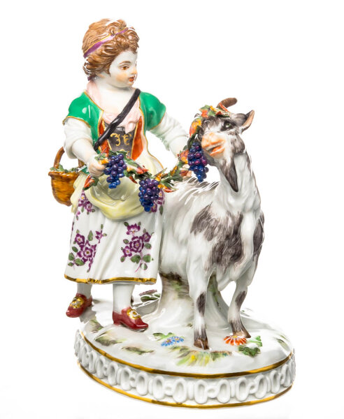 figurine girl with goat Meissen designed by Johann Carl Schönheit allegories 1st Choice form 61271 after 1940 hight:15cm