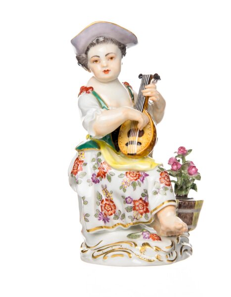 Figur Gärtnermädchen mit Gitarre Meissen Gärtnerkinder bemalt 1. Wahl sehr guter Zustand