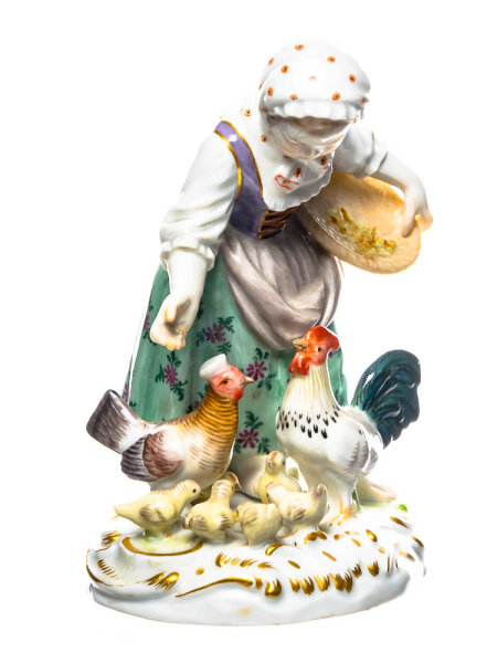 Figur Mädchen Hühner fütternd Meissen Allegorien 1. Wahl Modell 2864 1850-1924 Höhe:12cm