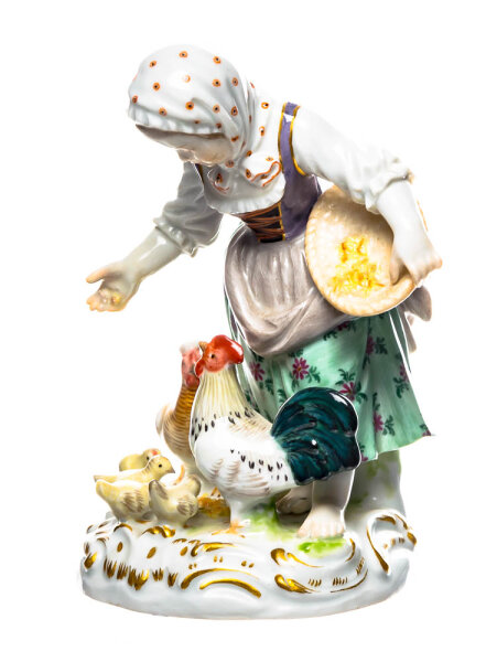 Figur Mädchen Hühner fütternd Meissen Allegorien 1. Wahl Modell 2864 1850-1924 Höhe:12cm