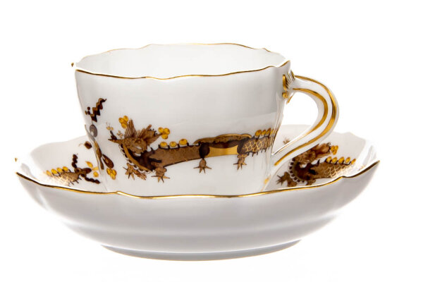 mocha cup&saucer rich brown dragon yellow spots Meissen New Cutout 1st Choice 1850-1924