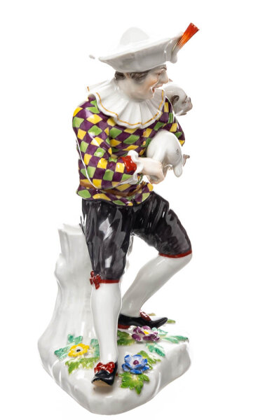 figurine Harlequin with pug Meissen designed by Johann Joachim Kändler Commedia del Arte 1st Choice form 3043 1850-1924 hight:17,8cm