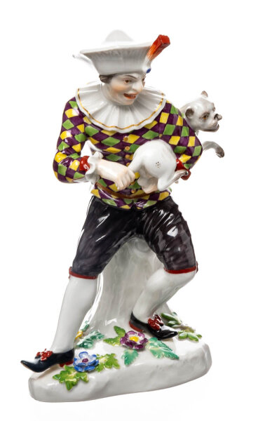 Meissen Figur Harlekin und Mops  von Johann Joachim Kändler Italienische Komödie 1. Wahl Modell 3043 1850-1924 Höhe:17,8cm