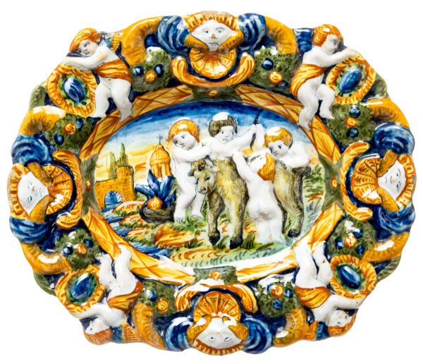 Sehr seltene Majolikaplatte mit Kinderdarstellungen Pavia/Angarano Pavia um 1690/1710 (29cm)