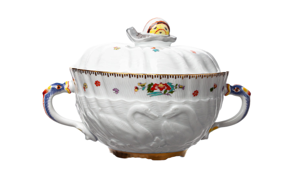 soup cup with lid flowers painting Meissen swan Service form 05081 1st Choice 1987 (16cm)