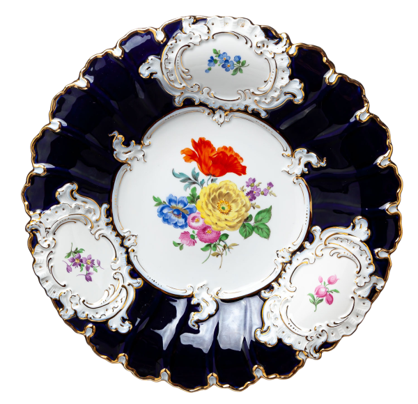 plate splendor pattern, royl blue, colored flowers Meissen B-form 2nd Choice 1978 (30cm)