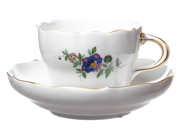coffee cup & saucer indian stone, flowers and bird painture Meissen New Cutout 1st Choice after 1970 (14cm)