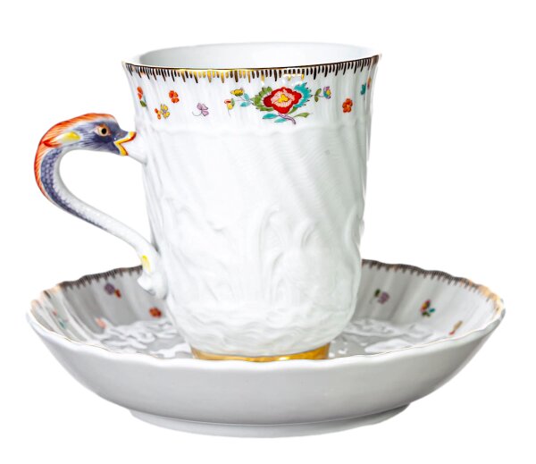 coffee cup&saucer swan design indian flowers painting Meissen swan Service form 5585 1st Choice 1990 (12cm)