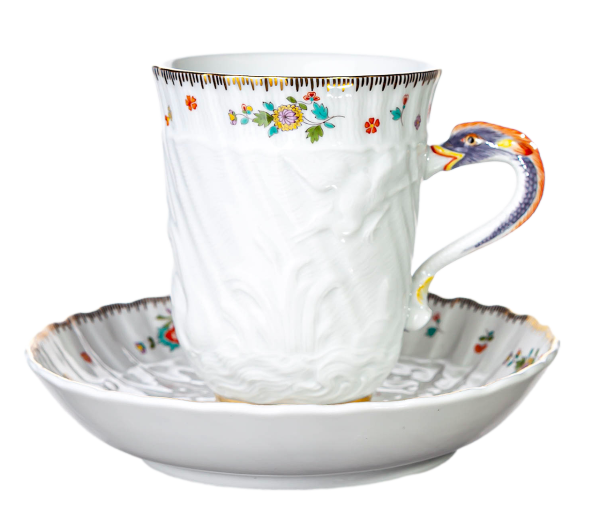 coffee cup&saucer swan design indian flowers painting Meissen swan Service form 5585 1st Choice 1990 (12cm)