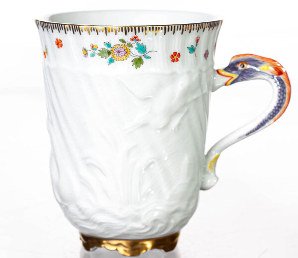 Kaffeetasse Schwanendesign indische Blumenmalerei Meissen Schwanenservice Modell 5585 1. Wahl 1990 (12cm)