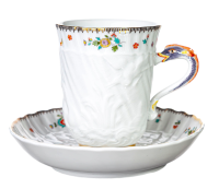 coffee cup&amp;saucer swan design indian flowers painting Meissen swan Service form 5585 1st Choice 1990 (12cm)