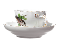 coffee cup and saucer Meissen bird and insects painture Meissen New Cutout form 0052 1st Choice after 1970