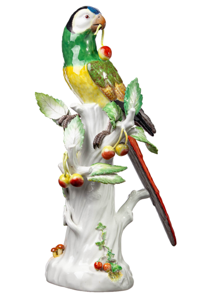 Figur Papagei mit Kischen und Pilzen auf Ast Meissen von Johann Joachim Kändler Tierfiguren 1. Wahl Modell 20 (neu/new:77026) 1959 Höhe:30,5cm