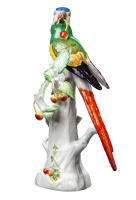 Figur Papagei mit Kischen und Pilzen auf Ast Meissen von Johann Joachim K&auml;ndler Tierfiguren 1. Wahl Modell 20 (neu/new:77026) 1959 H&ouml;he:30,5cm