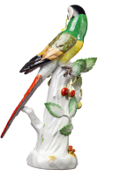 figurine parrot with cherries an mushrooms on tree Meissen designed by Johann Joachim K&auml;ndler Animals 1st Choice form 20 (neu/new:77026) 1959 hight:30,5cm