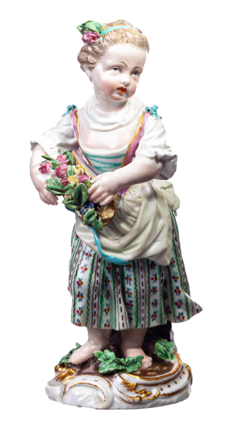 figurine gardening girl with flowers Meissen designed by Johann Joachim Kändler gardening childs 1st Choice after 1940 hight:14,5cm