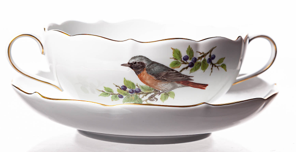 soup cup & saucer bird pattern Meissen form 000656 1st Choice after 1970