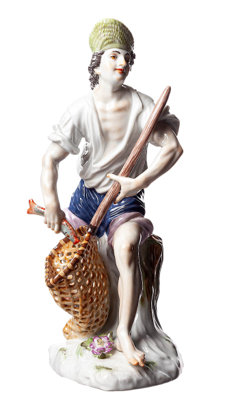 figurine fisherman Meissen designed by Johann Joachim Kändler 1st Choice form 73113 (alt: 1220) 1989 hight:20cm