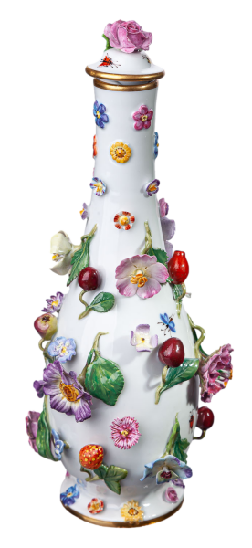 sake bottle with fruits and flowers Meissen 1st Choice 1850-1924 (21cm)