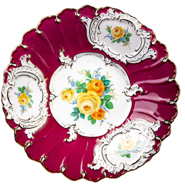 plate splendor pattern yellow roses with forgot me not flowers. Meissen B-form form 54129 1st Choice 1995 (24,5cm)