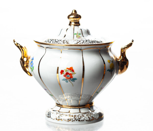 sugar bowl light gold and colored flowers Meissen X-Form designed by Ernst August Leuteritz form 37b 1st Choice 1982