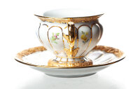 mocha cup&saucer gold bronce and colored flowers...