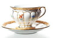 mocha cup&amp;saucer gold bronce and colored flowers Meissen X-Form designed by Ernst August Leuteritz form 37b 1st Choice 1982 (0cm)