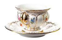 coffee cup&amp;saucer light gold and colored flowers Meissen X-Form designed by Ernst August Leuteritz form 37b 1st Choice p.e.1982 (0cm)