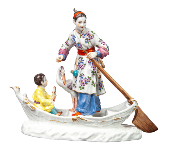 Figur Chinesin mit Kind und Reiher im Kahn Meissen von Johann Joachim Kändler Fremde Völker 1. Wahl Modell 2466 (Neu:65526) 1979 Höhe:15,5cm