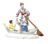 Figur Chinesin mit Kind und Reiher im Kahn Meissen von...