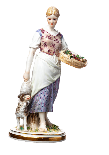 figurine country girl with spaniel dog Meissen designed by Jacob Ungerer allegories 1st Choice form T62 around 1890 hight:25,5cm