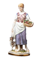 Figur Landm&auml;dchen mit Wachtelhund Meissen von Jacob Ungerer Allegorien 1. Wahl Modell T62 um 1890 H&ouml;he:25,5cm