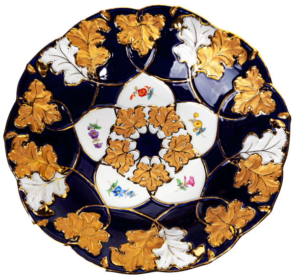 plate splendor pattern, royl blue, colored flowers, gold bronce Meissen B-form form C136
 1st Choice 1965 (30cm)