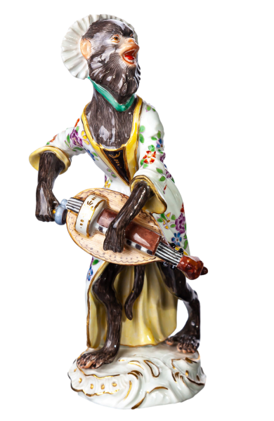 figurine Hurdy-gurdy playing ape Meissen designed by  Ape Chapel 1st Choice form 15 1949 hight:14,5cm