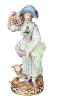 figurine shepherd woman with lamb and birdcage Meissen designed by Victor Acier allegories 1st Choice form F73 1850-1924 hight:19,5cm