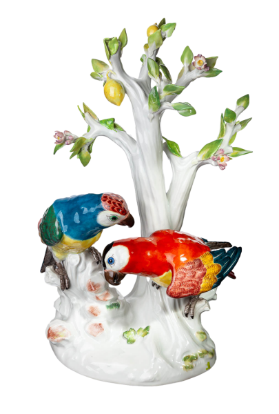 Meissen Figur Vogelgruppe Papageien mit Zitronenbaum von Johann Joachim Kändler Tierfiguren 1. Wahl Modell 644 1969 Höhe:38cm